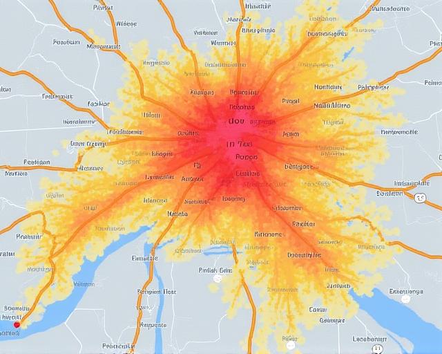 Tepelná mapa hustoty dopravy v okolí Prahy s barevnými indikátory intenzity